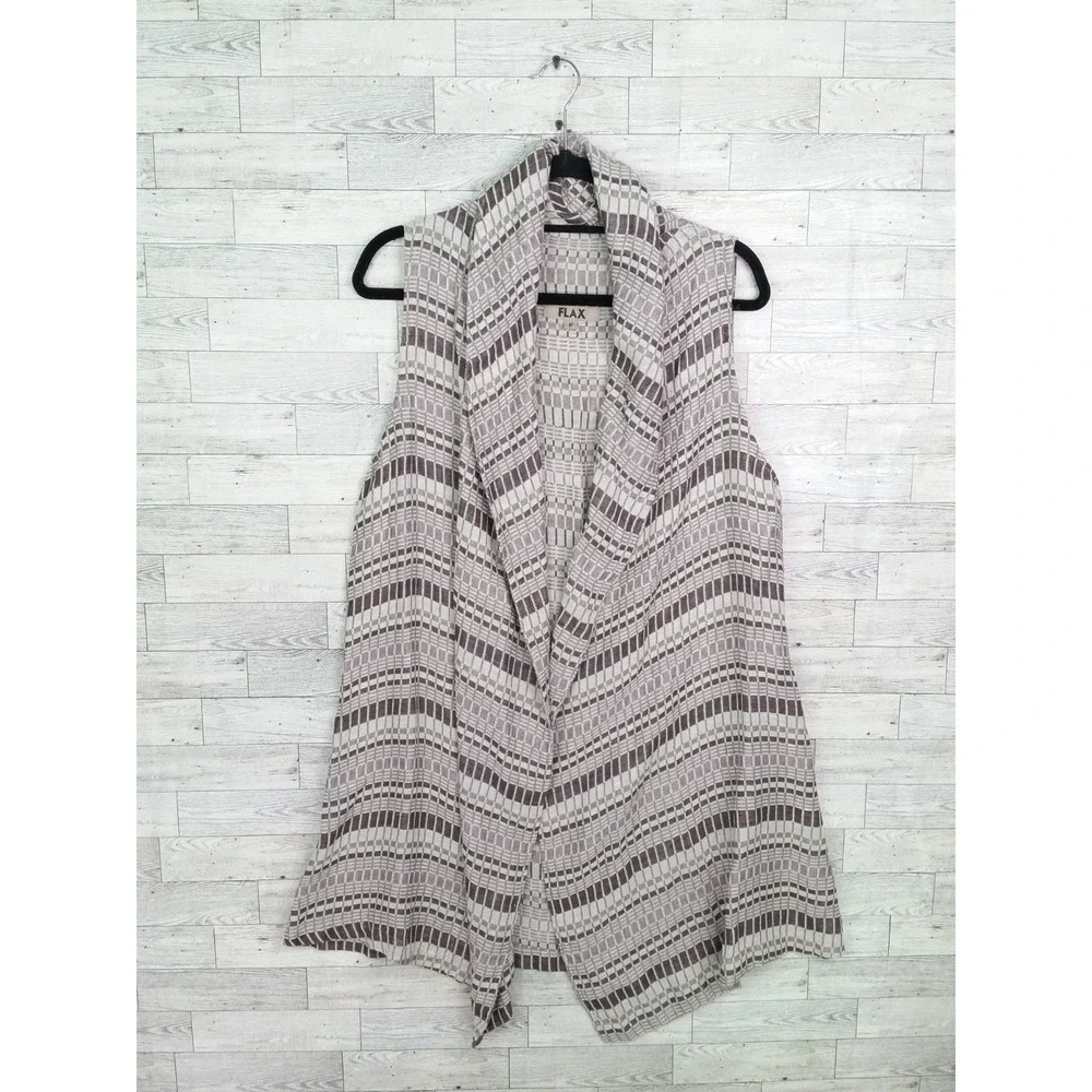 FLAX Linen Vest Loose Long Open Front Lagenlook Sleeveless Cardigan‎ Sz P 4/6